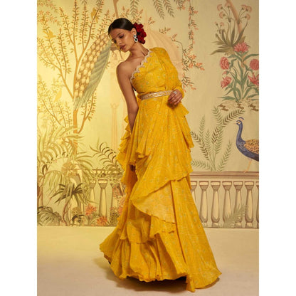 Aayushi Maniar Bandhani Frill Saree Yellow with Stitched Blouse