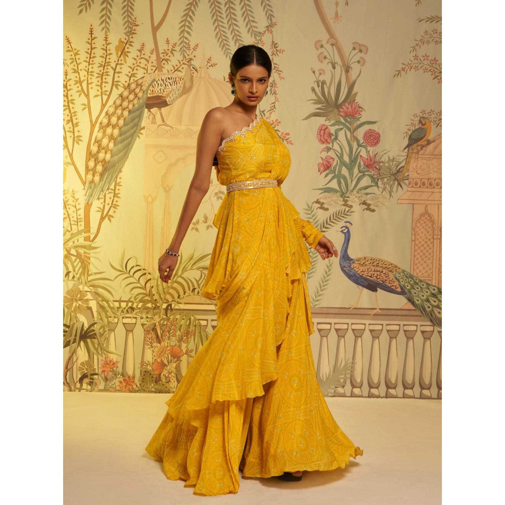 Aayushi Maniar Bandhani Frill Saree Yellow with Stitched Blouse