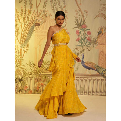 Aayushi Maniar Bandhani Frill Saree Yellow with Stitched Blouse