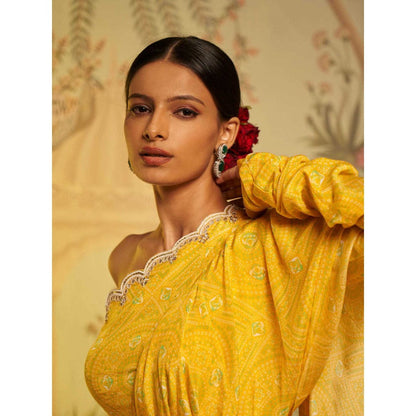 Aayushi Maniar Bandhani Frill Saree Yellow with Stitched Blouse