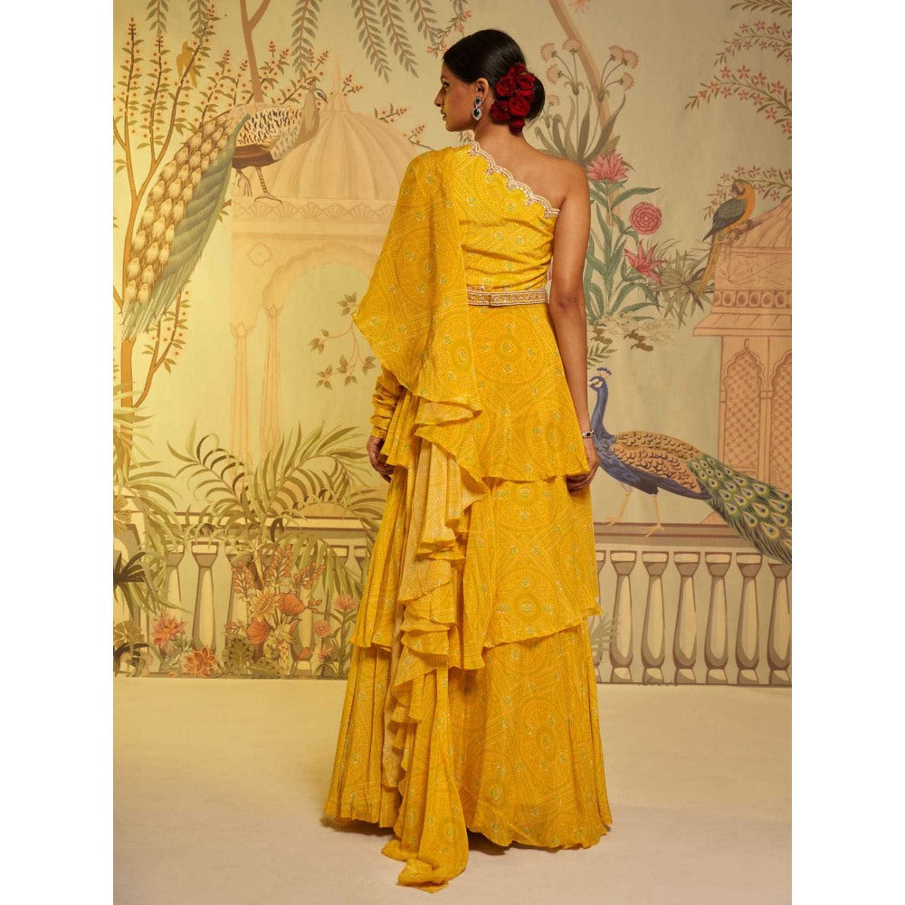 Aayushi Maniar Bandhani Frill Saree Yellow with Stitched Blouse