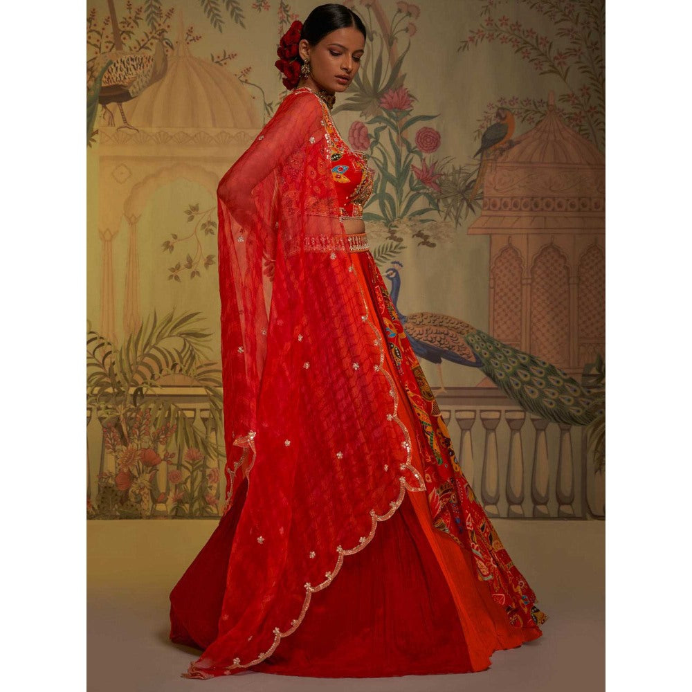 Aayushi Maniar Floral Lehenga with Blouse and Dupatta Red (Set of 3)