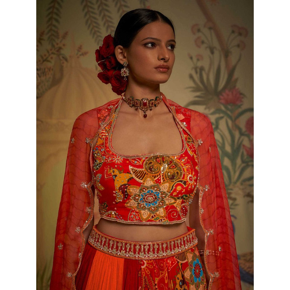 Aayushi Maniar Floral Lehenga with Blouse and Dupatta Red (Set of 3)