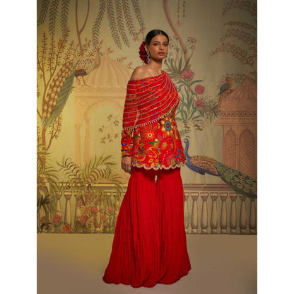 Aayushi Maniar Scarlet Phulvaari One Shoulder Gharara and Tunic Red (Set of 2)