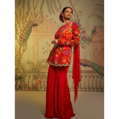 Aayushi Maniar Scarlet Phulvaari One Shoulder Gharara and Tunic Red (Set of 2)