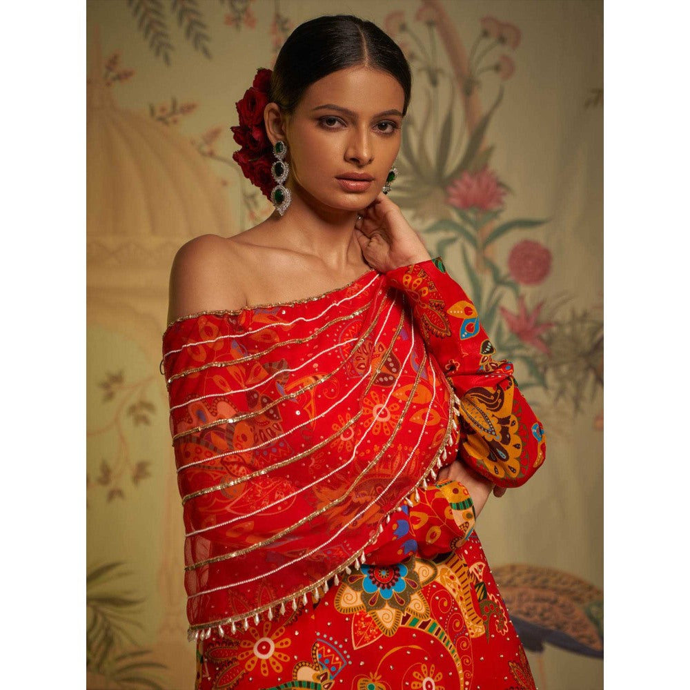 Aayushi Maniar Scarlet Phulvaari One Shoulder Gharara and Tunic Red (Set of 2)