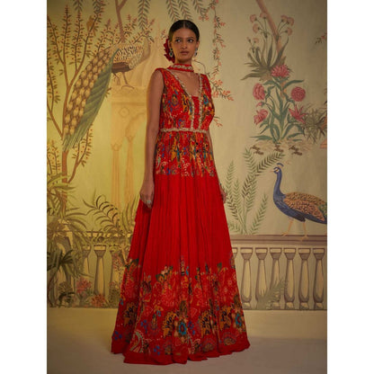 Aayushi Maniar Gathered Anarkali Kurta and Dupatta Red (Set of 2)