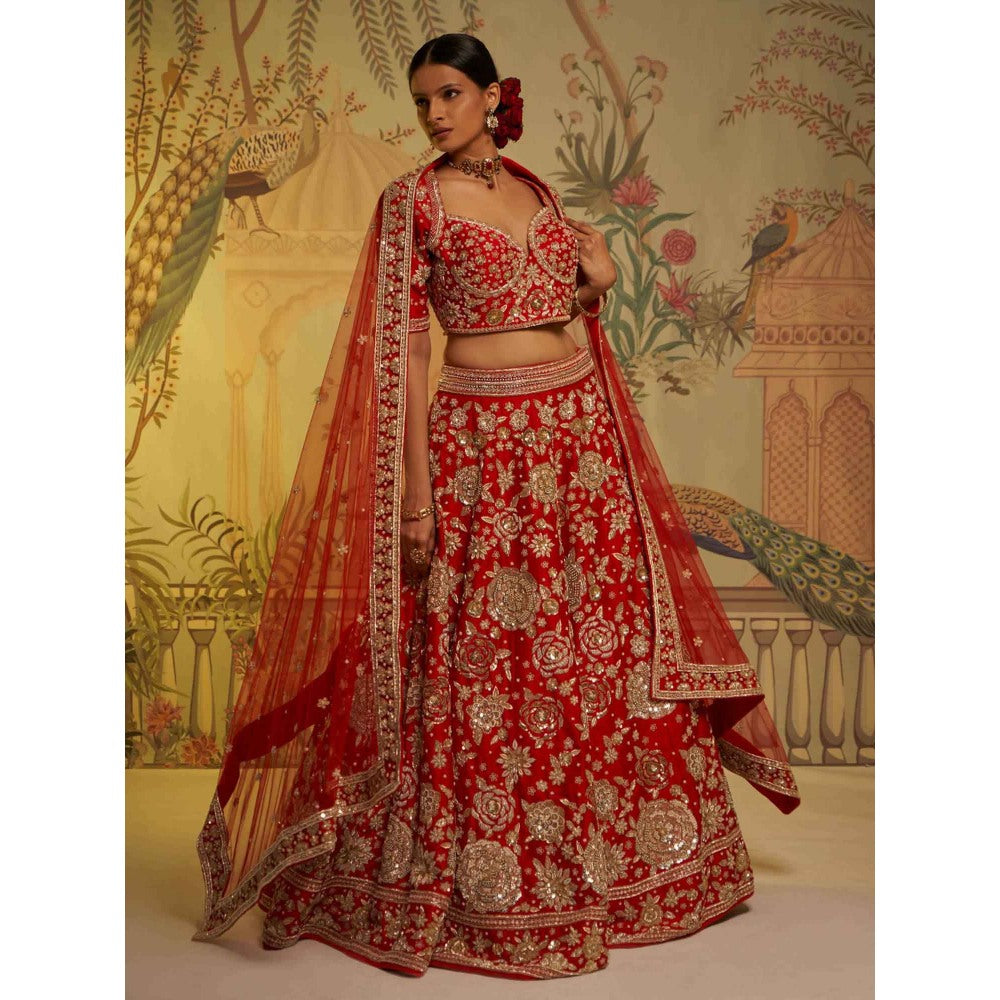 Aayushi Maniar Guldasta Bridal Lehenga with Blouse and Dupatta Red (Set of 3)