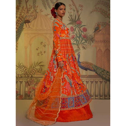 Aayushi Maniar Tangerine Anarkali Kurta Lehenga with Blouse and Dupatta Orange (Set of 3)