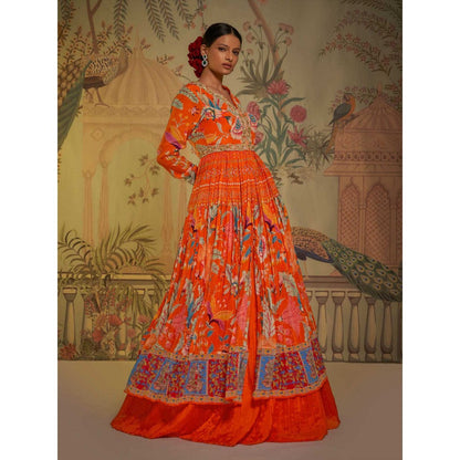 Aayushi Maniar Tangerine Anarkali Kurta Lehenga with Blouse and Dupatta Orange (Set of 3)