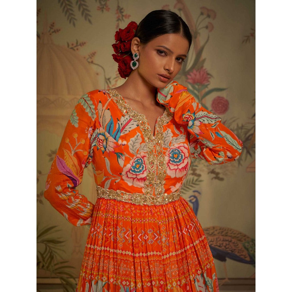 Aayushi Maniar Tangerine Anarkali Kurta Lehenga with Blouse and Dupatta Orange (Set of 3)