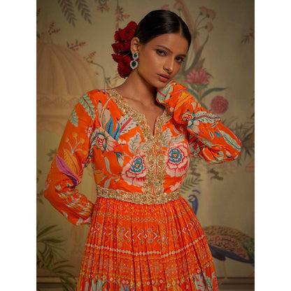 Aayushi Maniar Tangerine Anarkali Kurta Lehenga with Blouse and Dupatta Orange (Set of 3)