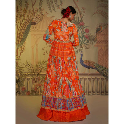 Aayushi Maniar Tangerine Anarkali Kurta Lehenga with Blouse and Dupatta Orange (Set of 3)