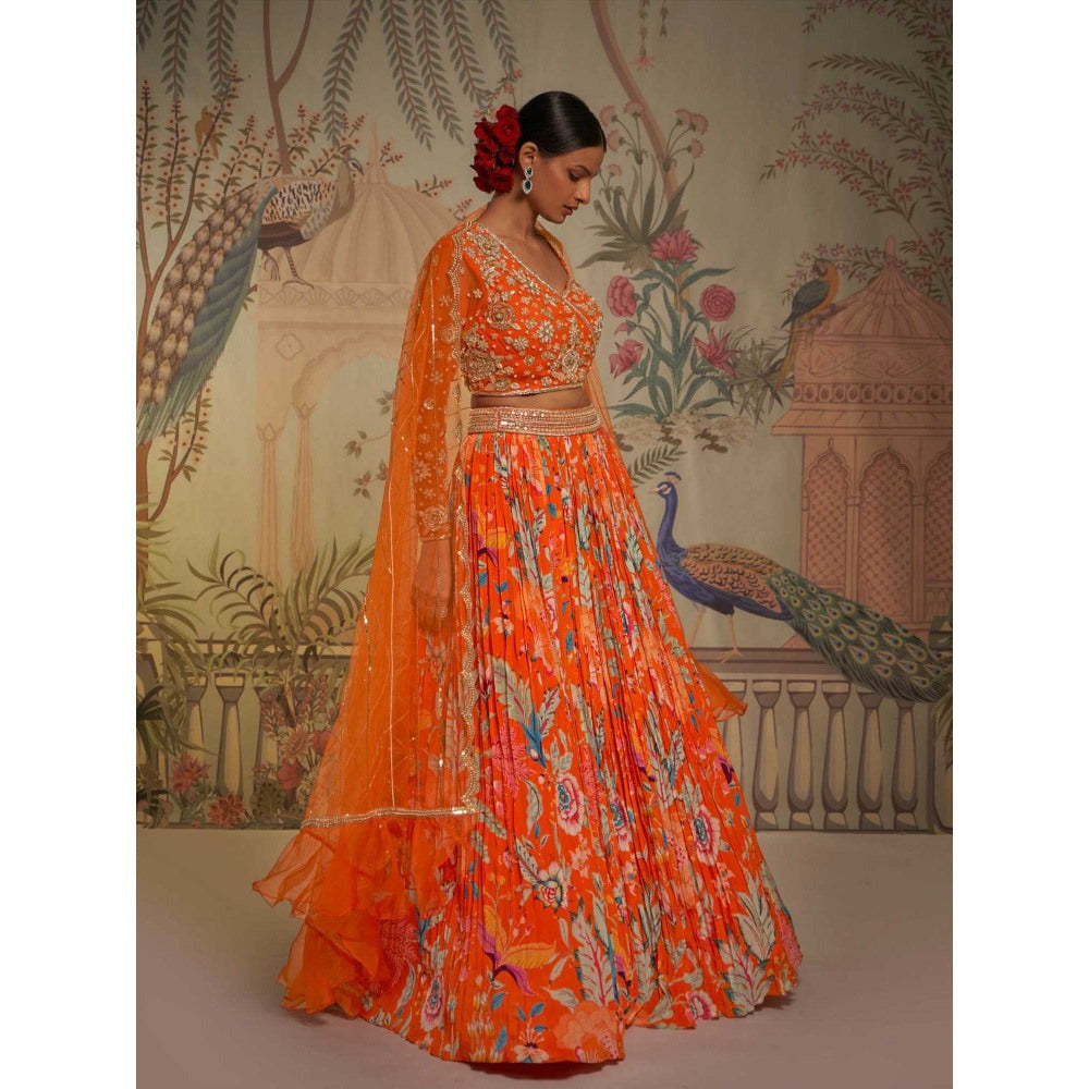 Aayushi Maniar Tangerine One Shoulder Lehenga and Blouse with Dupatta Orange (Set of 3)