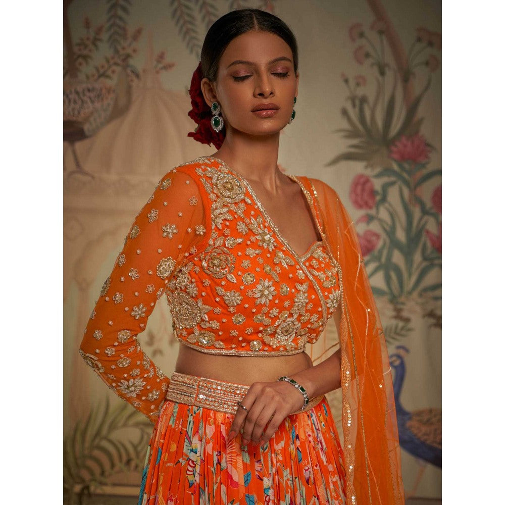 Aayushi Maniar Tangerine One Shoulder Lehenga and Blouse with Dupatta Orange (Set of 3)