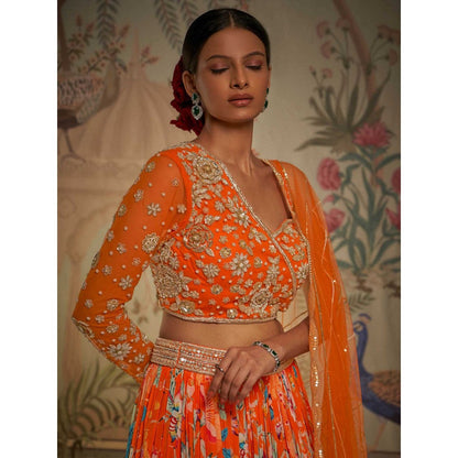 Aayushi Maniar Tangerine One Shoulder Lehenga and Blouse with Dupatta Orange (Set of 3)