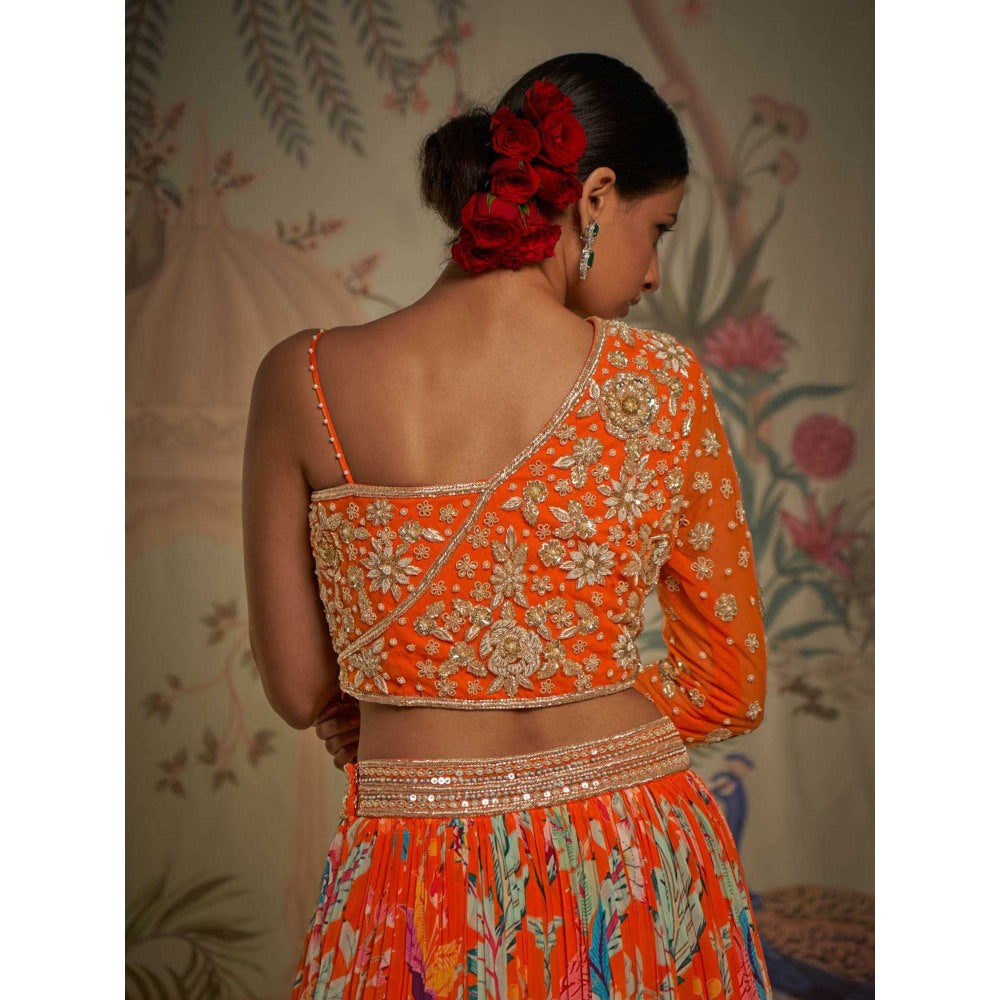 Aayushi Maniar Tangerine One Shoulder Lehenga and Blouse with Dupatta Orange (Set of 3)