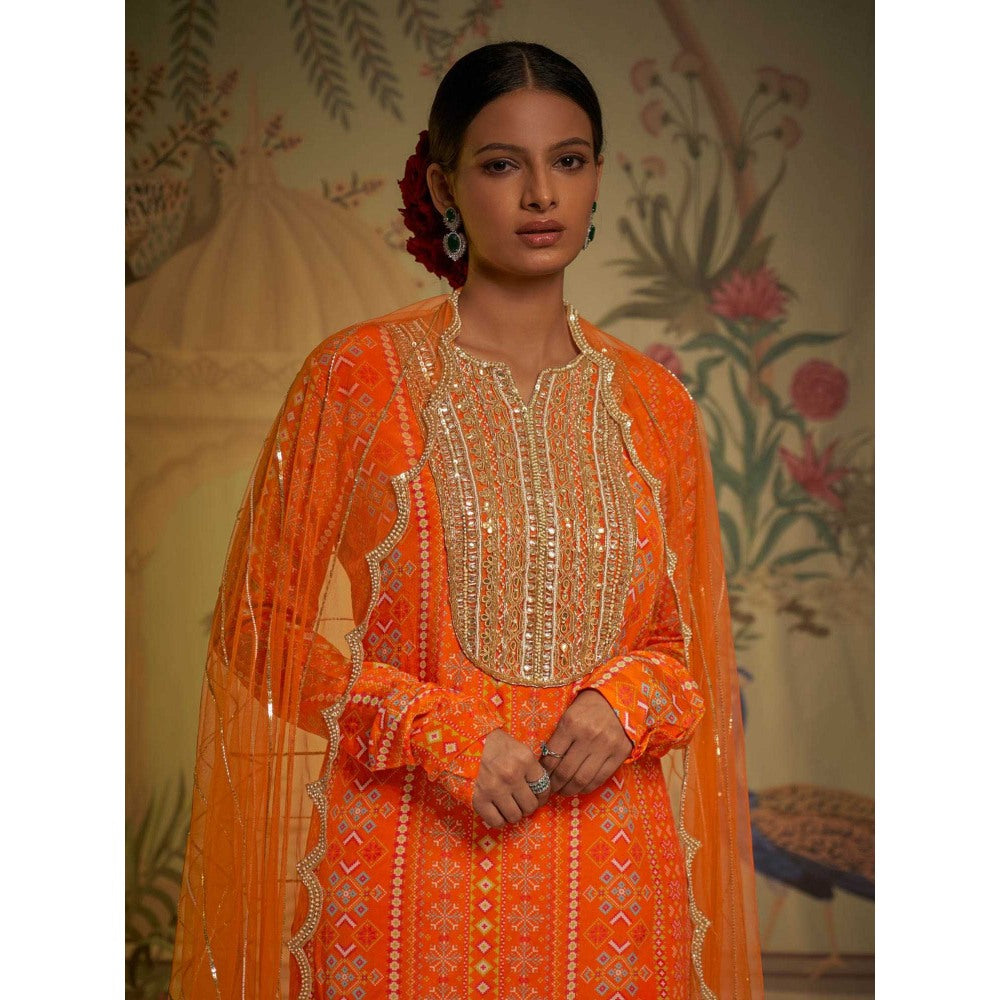 Aayushi Maniar Tangerine Patola Gharara and Tunic with Dupatta Orange (Set of 3)