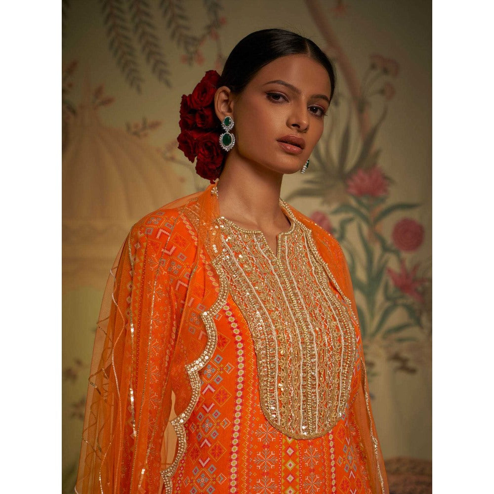 Aayushi Maniar Tangerine Patola Gharara and Tunic with Dupatta Orange (Set of 3)