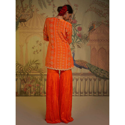 Aayushi Maniar Tangerine Patola Gharara and Tunic with Dupatta Orange (Set of 3)