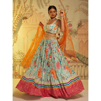 Aayushi Maniar Aqua Criss Crosss Strap Blouse and Lehenga with Dupatta Blue (Set of 3)