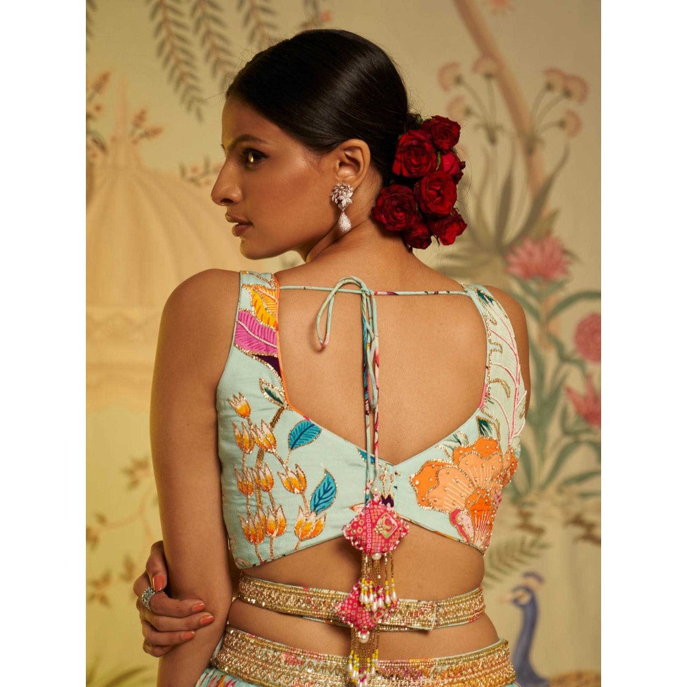 Aayushi Maniar Aqua Criss Crosss Strap Blouse and Lehenga with Dupatta Blue (Set of 3)