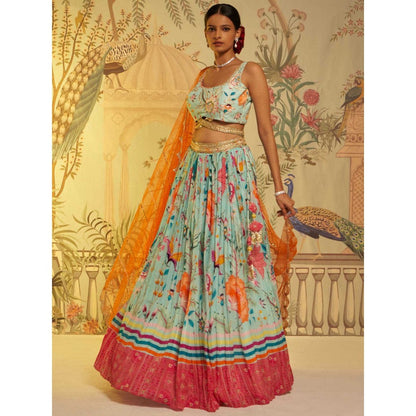 Aayushi Maniar Aqua Criss Crosss Strap Blouse and Lehenga with Dupatta Blue (Set of 3)