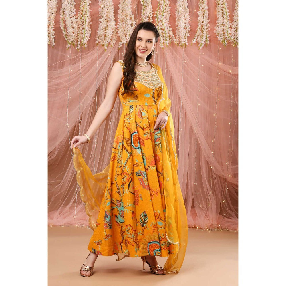 Aayushi Maniar Anarkali Kurta with Dupatta Mustard (Set of 3)