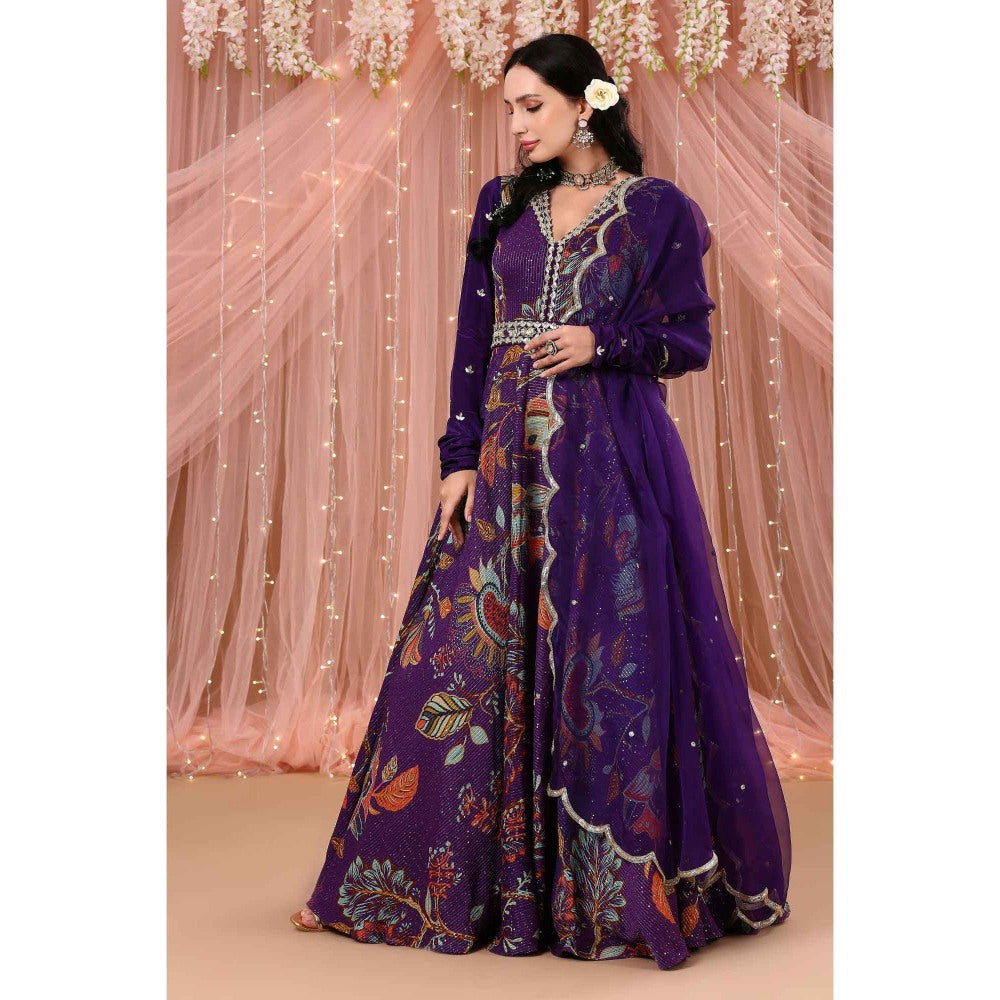 Aayushi Maniar Anarkali Kurta with Belt and Dupatta Purple (Set of 3)