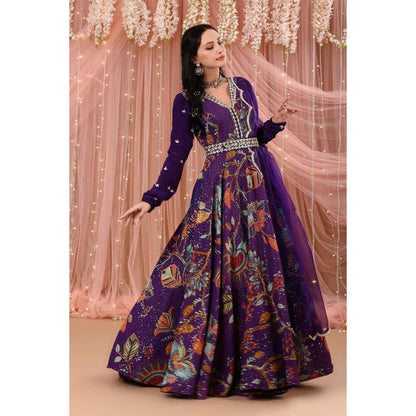 Aayushi Maniar Anarkali Kurta with Belt and Dupatta Purple (Set of 3)