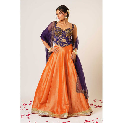 Aayushi Maniar Orange Devaki Lehenga with Blouse and Dupatta (Set of 3)