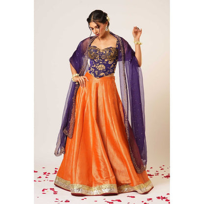 Aayushi Maniar Orange Devaki Lehenga with Blouse and Dupatta (Set of 3)