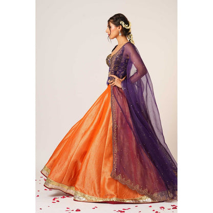 Aayushi Maniar Orange Devaki Lehenga with Blouse and Dupatta (Set of 3)