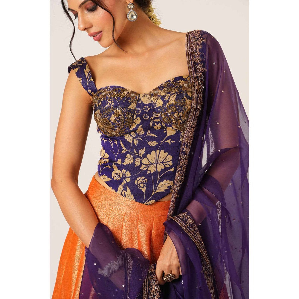 Aayushi Maniar Orange Devaki Lehenga with Blouse and Dupatta (Set of 3)