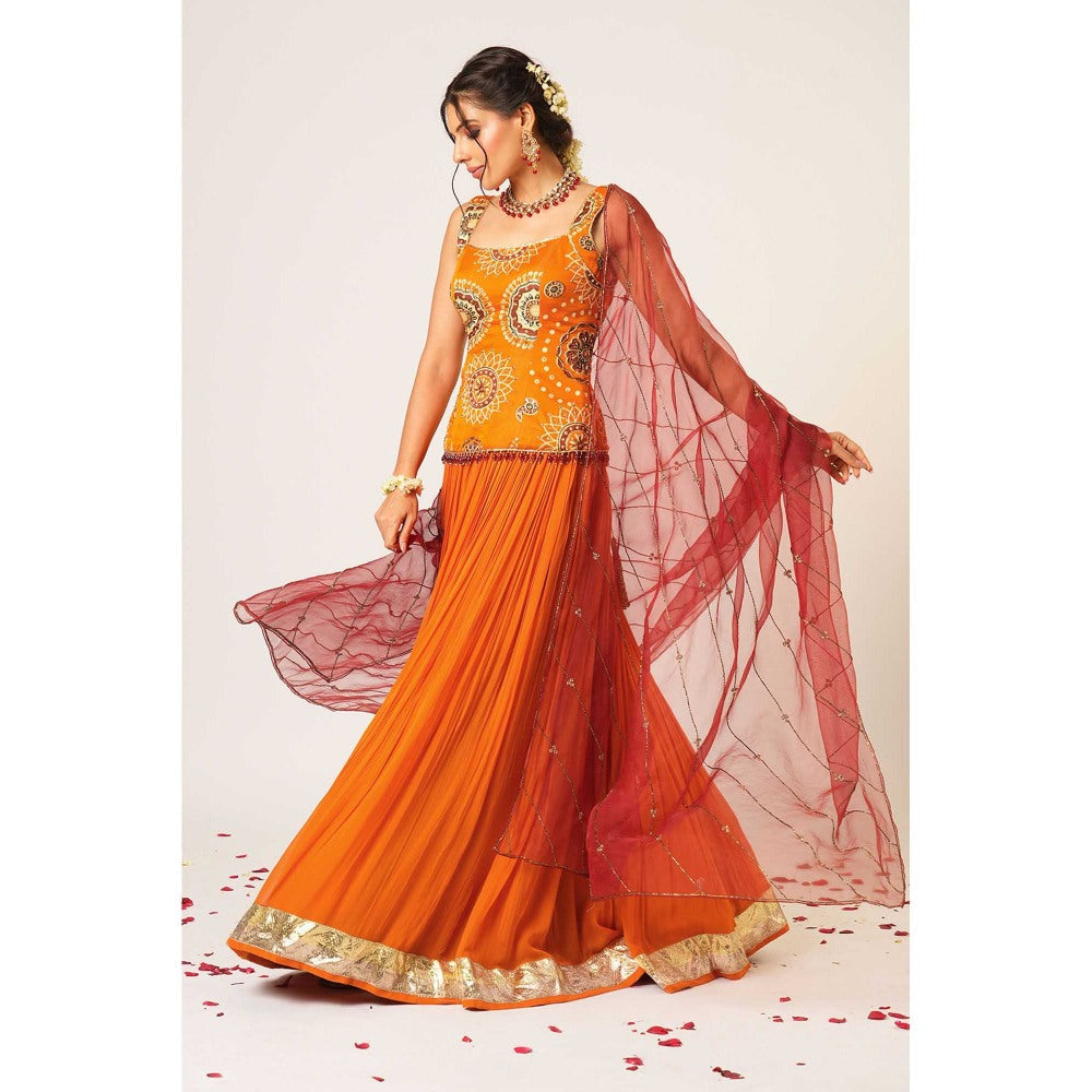 Aayushi Maniar Orange Gola Kari Lehenga with Kurti and Dupatta (Set of 3)