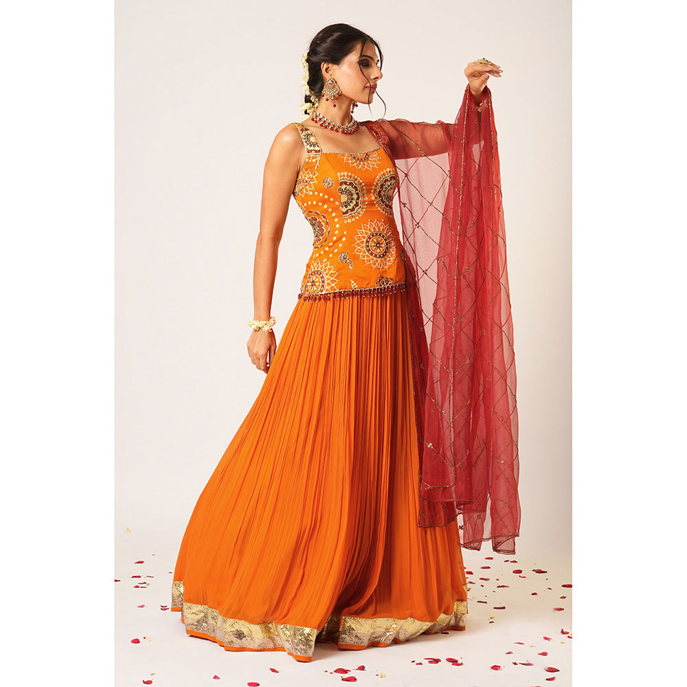 Aayushi Maniar Orange Gola Kari Lehenga with Kurti and Dupatta (Set of 3)