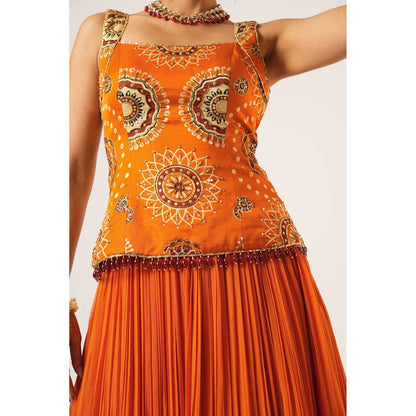 Aayushi Maniar Orange Gola Kari Lehenga with Kurti and Dupatta (Set of 3)
