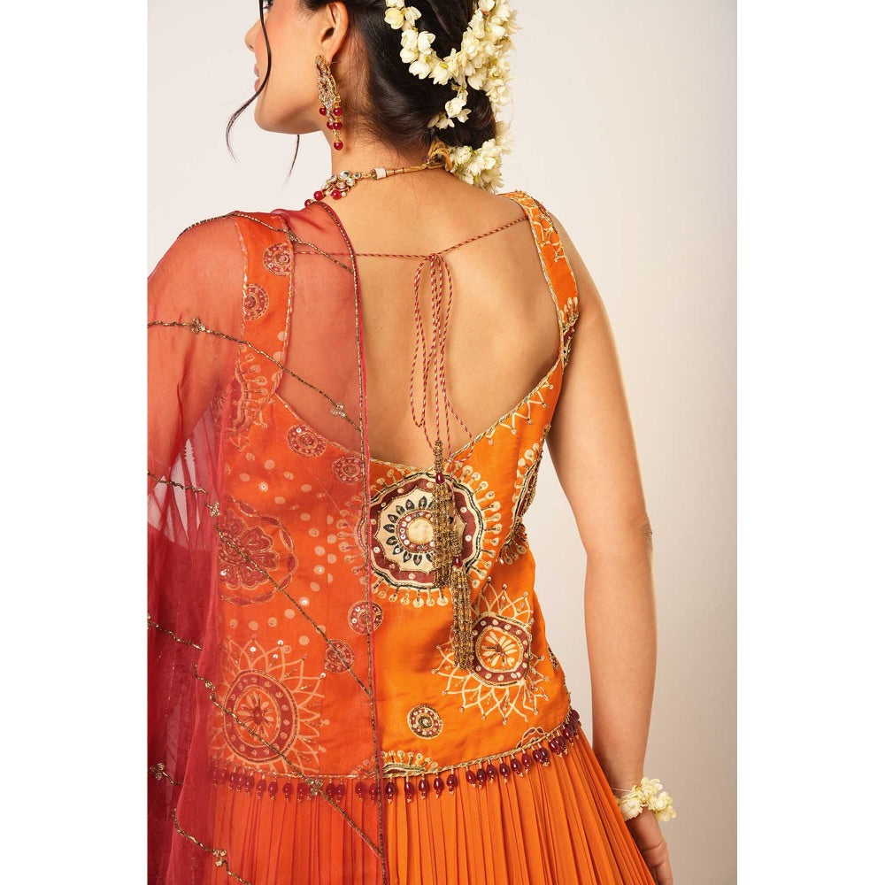 Aayushi Maniar Orange Gola Kari Lehenga with Kurti and Dupatta (Set of 3)