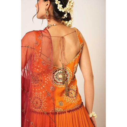 Aayushi Maniar Orange Gola Kari Lehenga with Kurti and Dupatta (Set of 3)