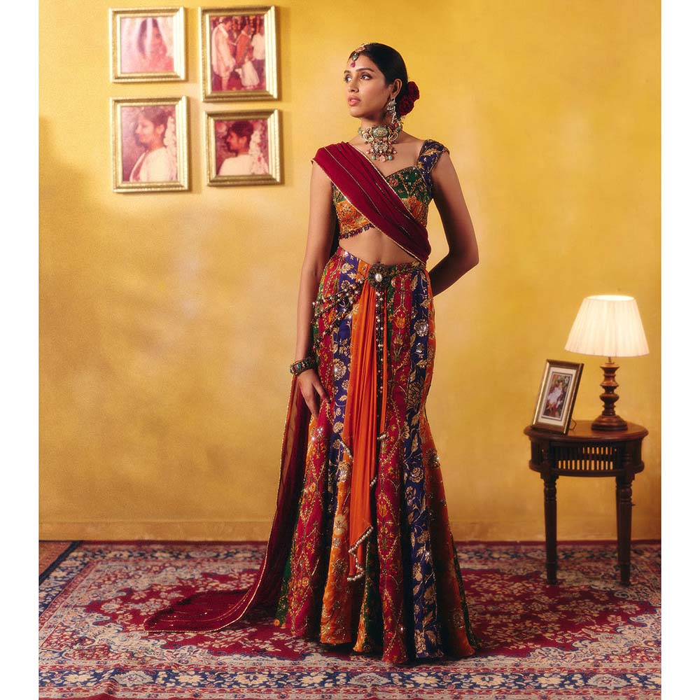 Aayushi Maniar Multi-Colour Amrapali Lehenga with Blouse, Dupatta and Belt (Set of 4)
