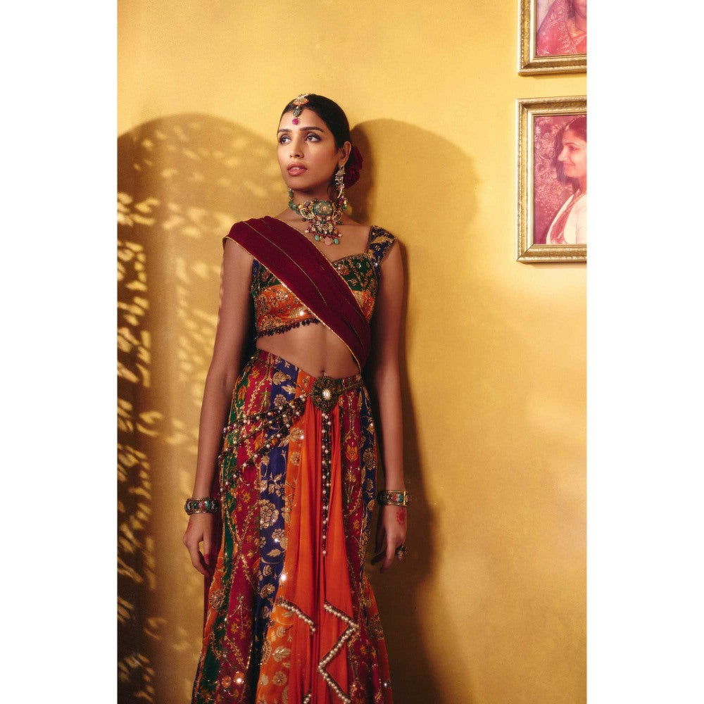 Aayushi Maniar Multi-Colour Amrapali Lehenga with Blouse, Dupatta and Belt (Set of 4)