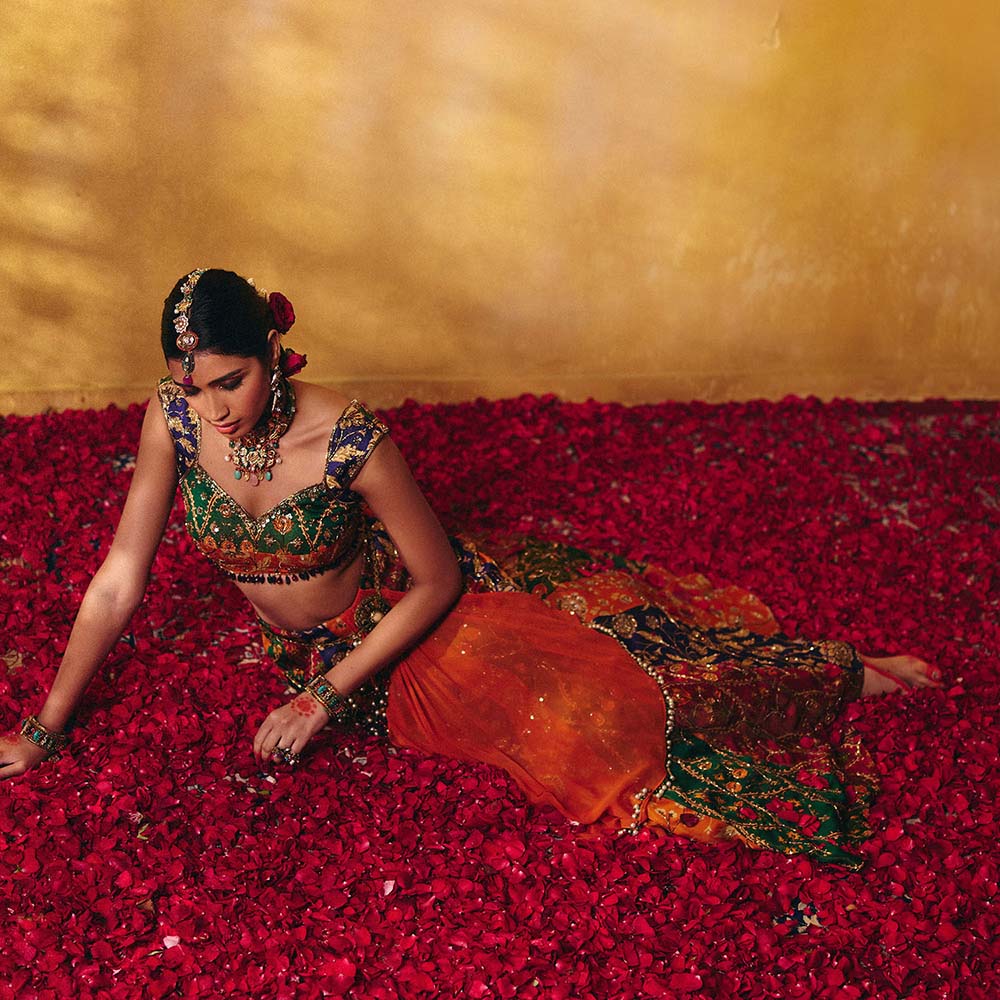 Aayushi Maniar Multi-Colour Amrapali Lehenga with Blouse, Dupatta and Belt (Set of 4)