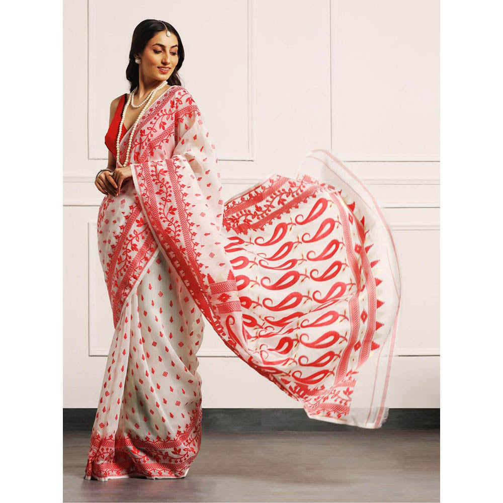 Aditri Handloom Jamdani On Resham Silk Saree with Running Blouse