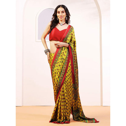 Aditri Handprinted Ajrakh On Modal Silk Yellow Saree With Running Blouse