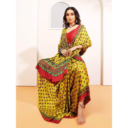 Aditri Handprinted Ajrakh On Modal Silk Yellow Saree With Running Blouse