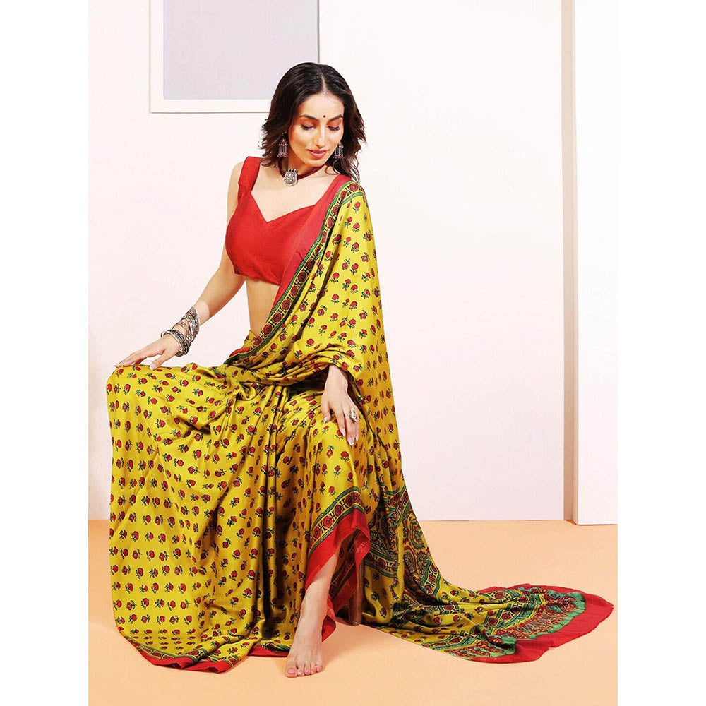 Aditri Handprinted Ajrakh On Modal Silk Yellow Saree With Running Blouse