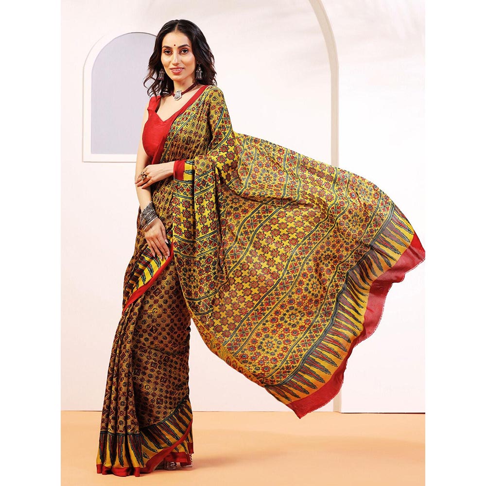 Aditri Handprinted Ajrakh On Modal Silk Yellow Saree With Running Blouse