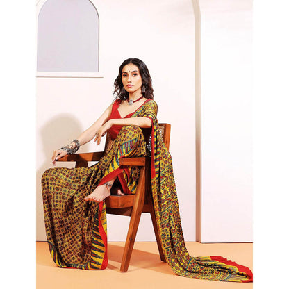 Aditri Handprinted Ajrakh On Modal Silk Yellow Saree With Running Blouse