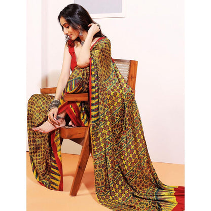 Aditri Handprinted Ajrakh On Modal Silk Yellow Saree With Running Blouse