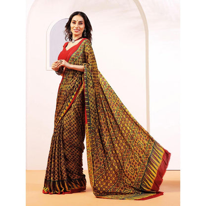 Aditri Handprinted Ajrakh On Modal Silk Yellow Saree With Running Blouse